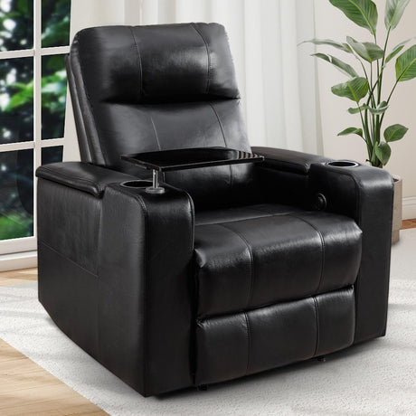 ANJ Black Power Recliner Chair Electric Home Theater Seating Soft Leather Movie Chair for Living Room Overstuffed Single Reclining Sofa with Hidden Arm Storage, Cup Holders and USB Ports (Black) ANJ