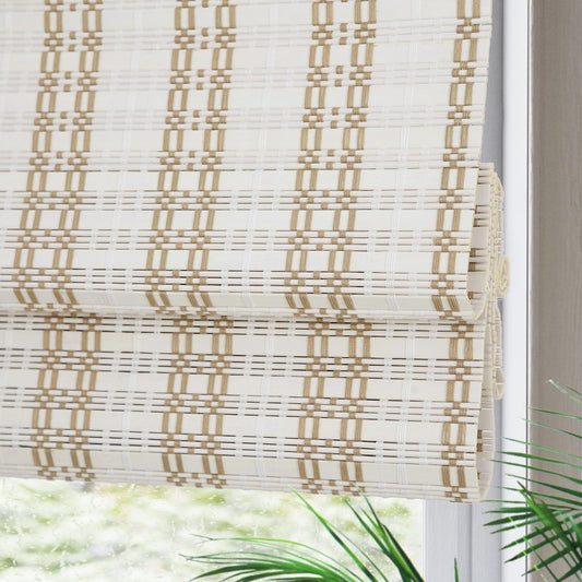 Yin Yang Cordless Blackout Bamboo Roman Shades, Natural Woven Wood Shades with 6 Inches High Valance, Custom Bamboo Blinds, Privacy Lined Roman Blinds for Home, Windows, Doors, Color 3