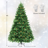 Goplus 8FT Pre-Lit Christmas Tree, Artificial Spruce Hinged Tree w/ 600 LED Lights and Pine Cones, Xmas Tree for Indoor Decor Goplus