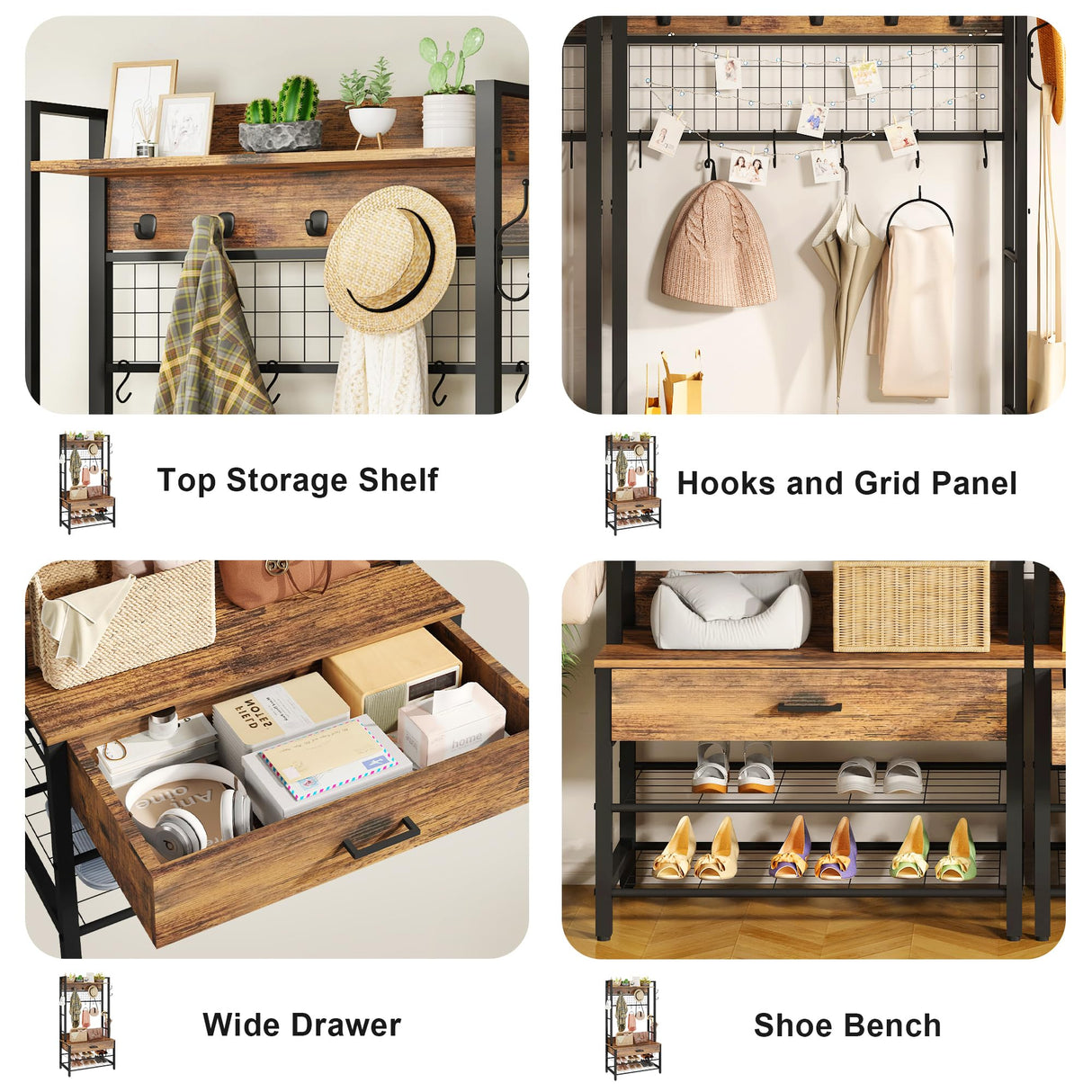 DKLGG Hall Tree with Bench and Shoe Storage for Entryway, 5-in-1 Coat Rack with Shoe Storage, Wood Look Accent Shoe and Coat Rack, Farmhouse Hall Tree with 12 Hooks for Mudroom, Bedroom, Living Room DKLGG