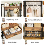 DKLGG Hall Tree with Bench and Shoe Storage for Entryway, 5-in-1 Coat Rack with Shoe Storage, Wood Look Accent Shoe and Coat Rack, Farmhouse Hall Tree with 12 Hooks for Mudroom, Bedroom, Living Room DKLGG