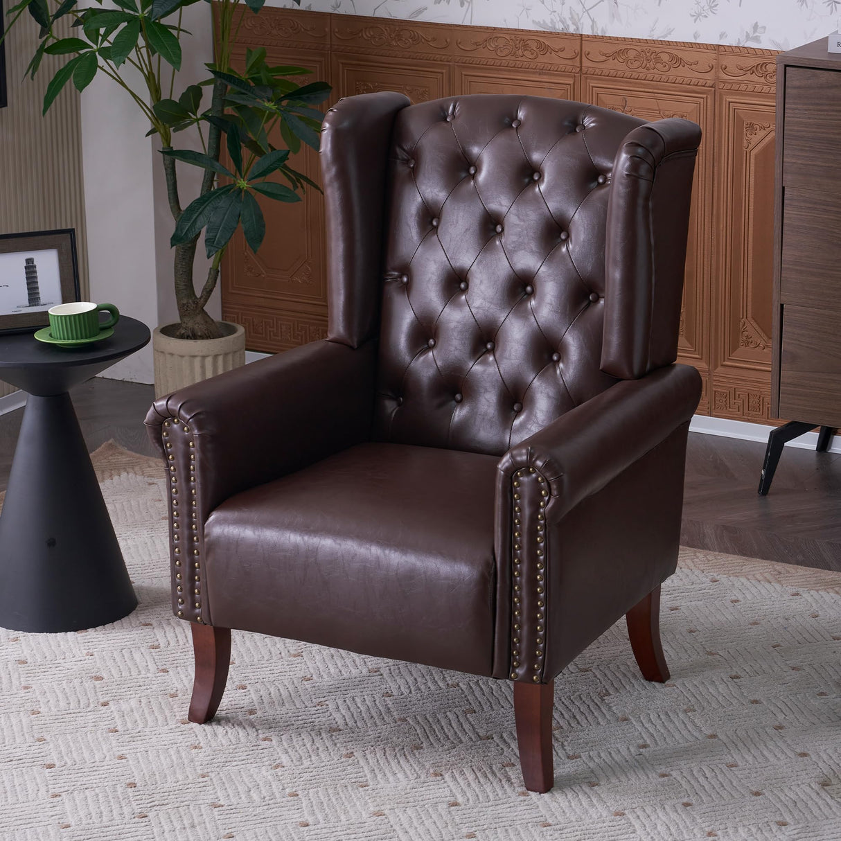 MOJAY Mid-Century Modern Living Room Chairs Set of 2, Upholstered Faux Leather Accent Chairs Club Arm Chair, Single Sofa Chair with Solid Wooden Legs for Bedroom Study Home Office Lounges(Caramel) MOJAY