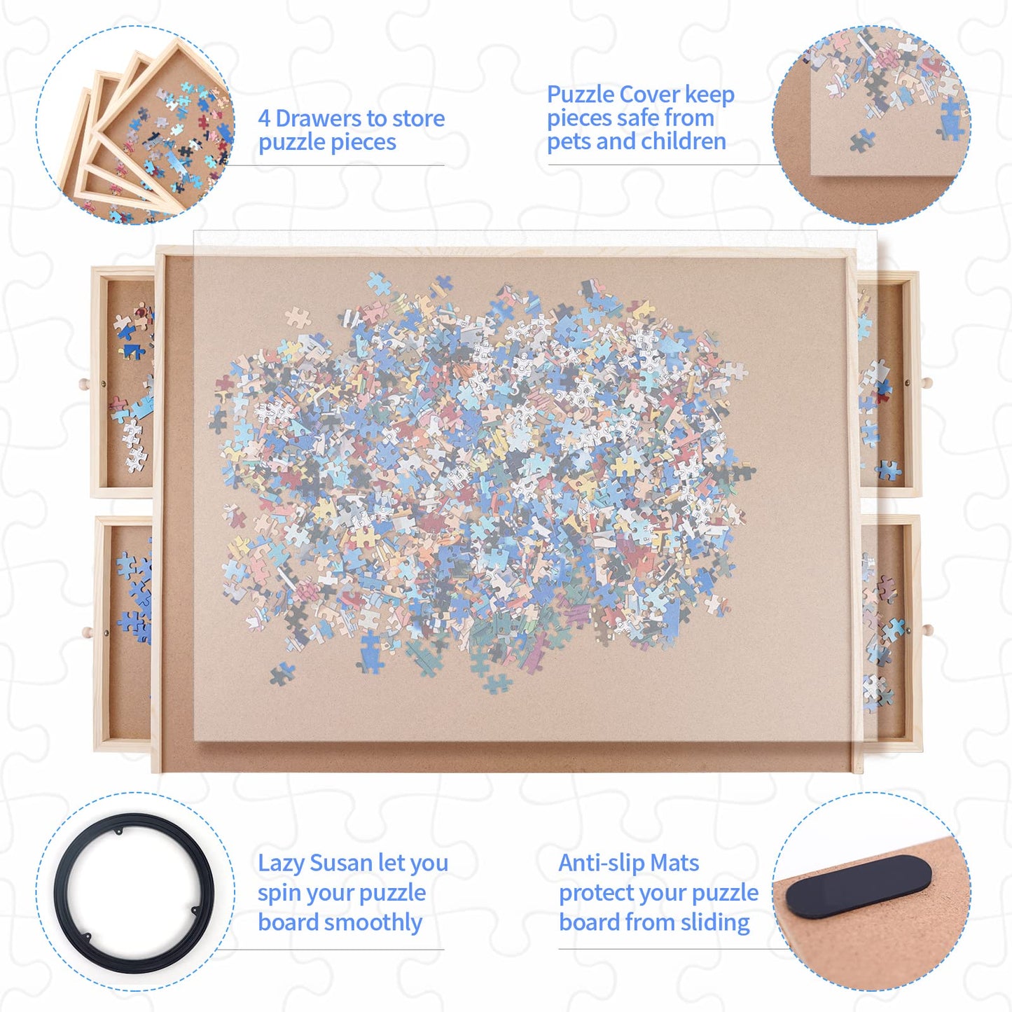 WOOD CITY Puzzle Board, 1000 Piece Wooden Jigsaw Puzzle Board with Drawers, 30” x 22” Portable Puzzle Table with Covers and Lazy Susan, Rotating Jigsaw Puzzle Table for Kids and Adults - WoodArtSupply