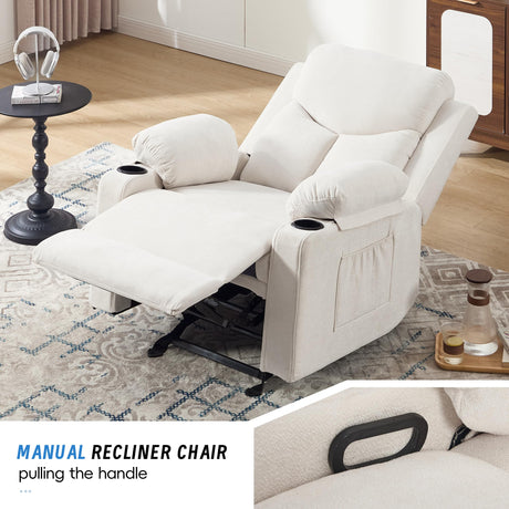 Sftaiyou Manual Rocker Recliner Chair for Adults with Vibration Massage,Glider Rocking Recliner Chairs for Living Room Bedroom Overstuffed Soft Reclining Sofa Chair with Pockets and Cup Holds (Beige) Sftaiyou