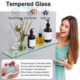 KOCOK 20 Inches Glass Shelves for Bathroom, Brushed Nickel Floating Glass Shelf Stainless Steel Tempered Glass Bathroom Shelves for Wall Mount Modern KOCOK