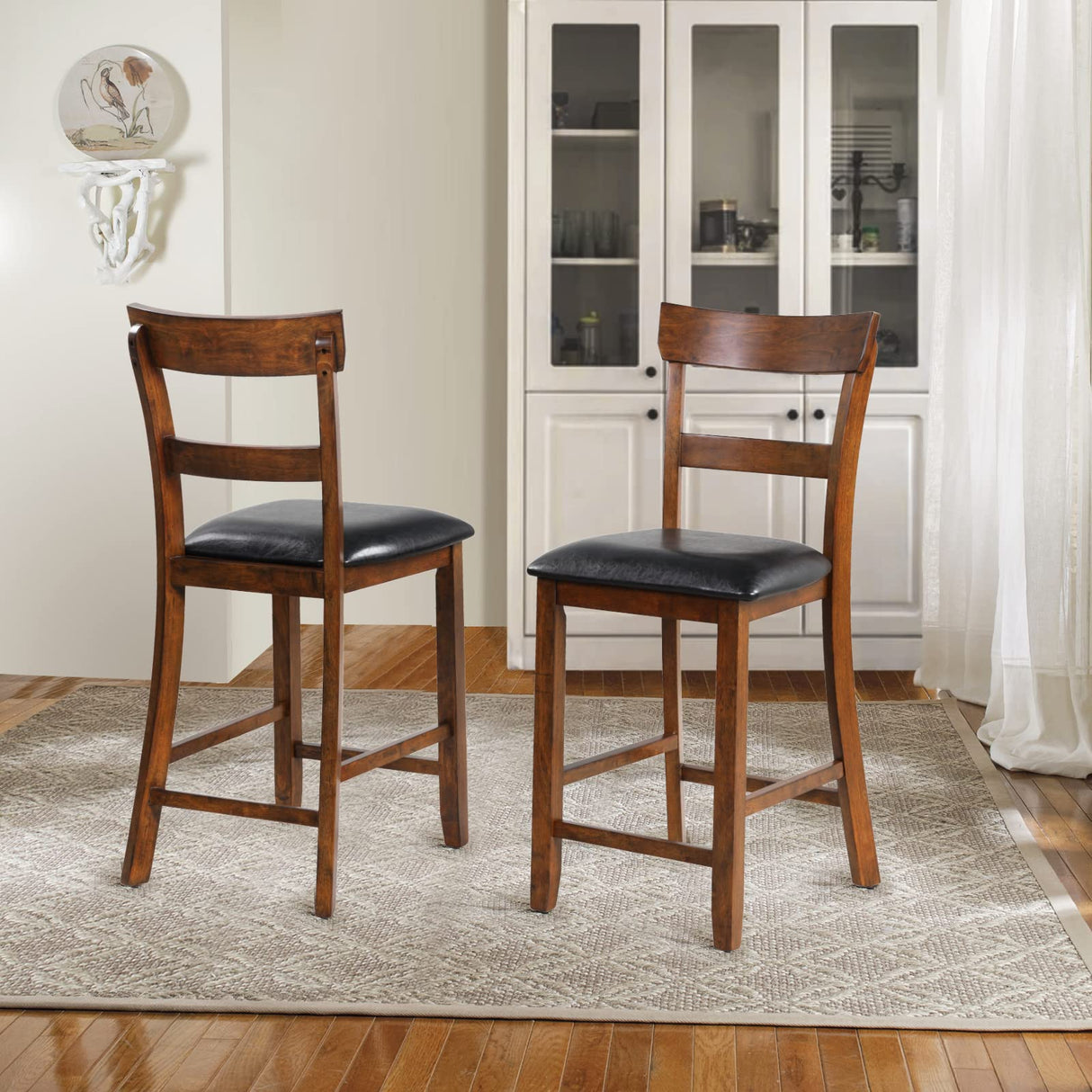NAFORT Counter Height Bar Stools Set of 4, Farmhouse 25.5” Wood High Dining Chairs, Counter Stools with Back for Kitchen Restaurant Bar, Rubberwood Legs & Black PU Leather Cushion NAFORT