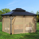 SUNBURY 10'x12' Outdoor Cedar Wood Gazebo, 2-Tier Metal Hardtop Wooden Frame Gazebo for Patio with Privacy Curtains and Mosquito Nettings for Gardens, Lawns, Backyard, Poolside (Grey Frame) SUNBURY
