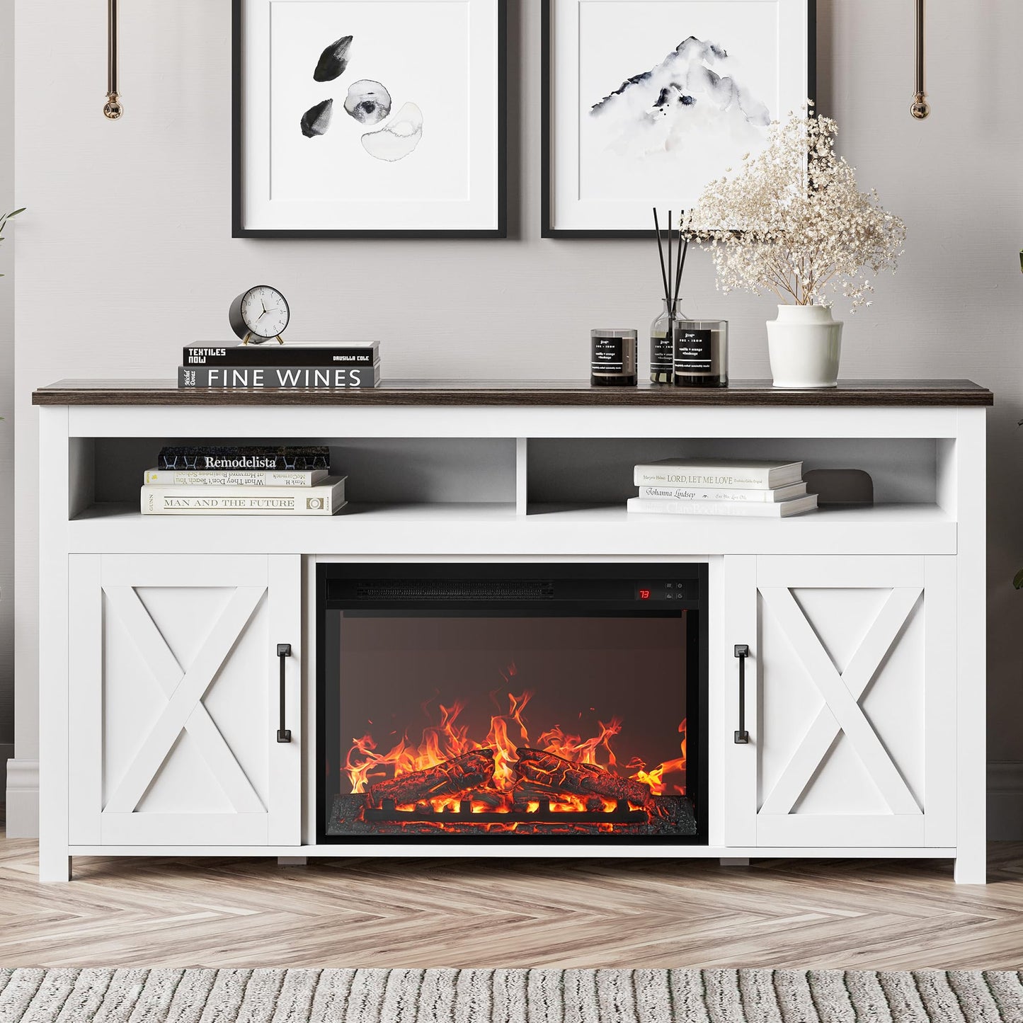 BELLEZE 58" Farmhouse Fireplace TV Stand for TVs up to 65", 23" Electric Fireplace Heater with Sound, Entertainment Center Media Console Table Barn Door Storage Cabinets for Living Room - White