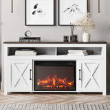 BELLEZE 58" Farmhouse Fireplace TV Stand for TVs up to 65", 23" Electric Fireplace Heater with Sound, Entertainment Center Media Console Table Barn Door Storage Cabinets for Living Room - White BELLEZE