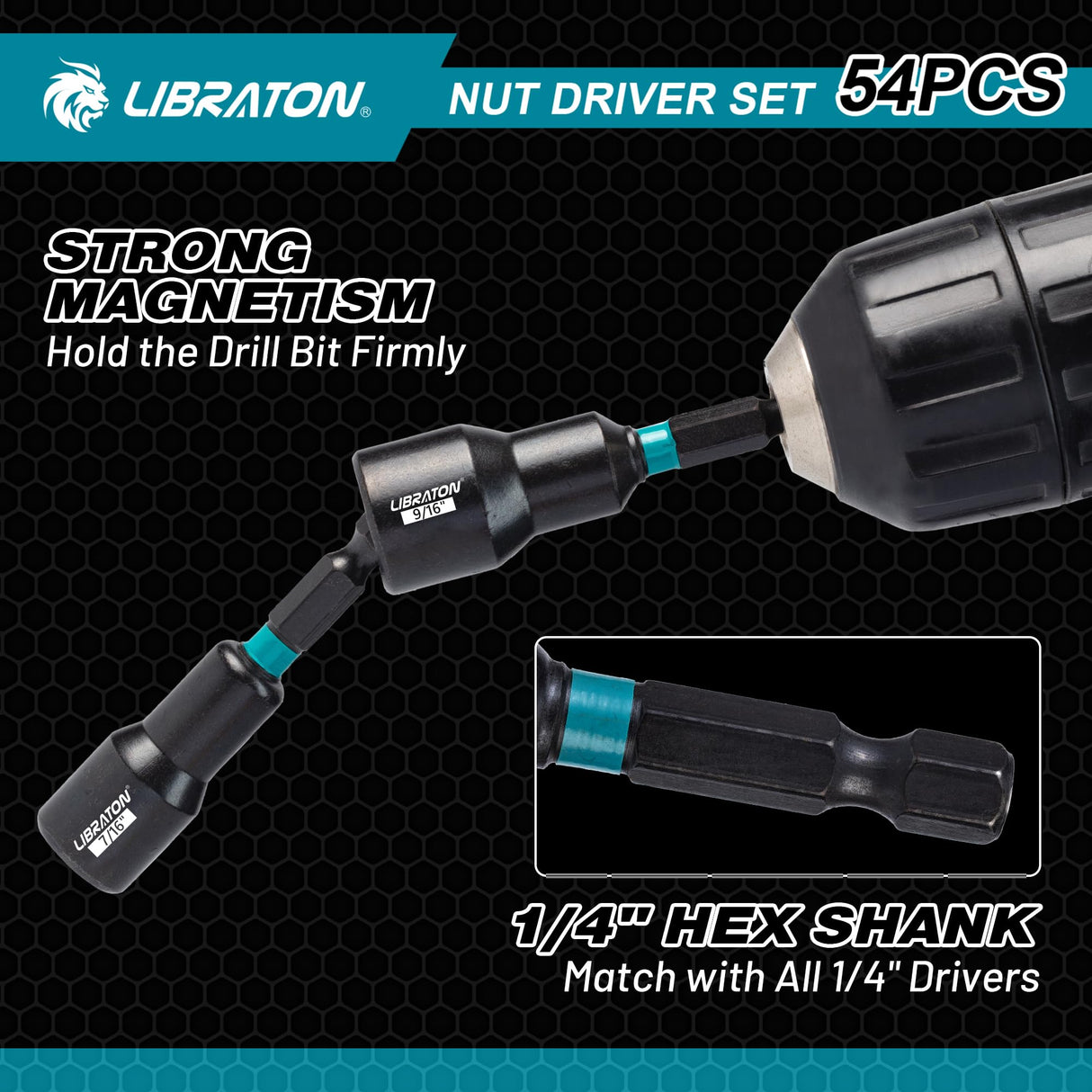 LIBRATON 54PCS Magnetic Nut Driver Set, Impact Drill Driver Bit 1/4", Metric & SAE Nut Driver for Impact Drill, Socket Adapters, Screwdriver Bits, Quick-Release Extension, Wing Nut Driver, Storage Box LIBRATON