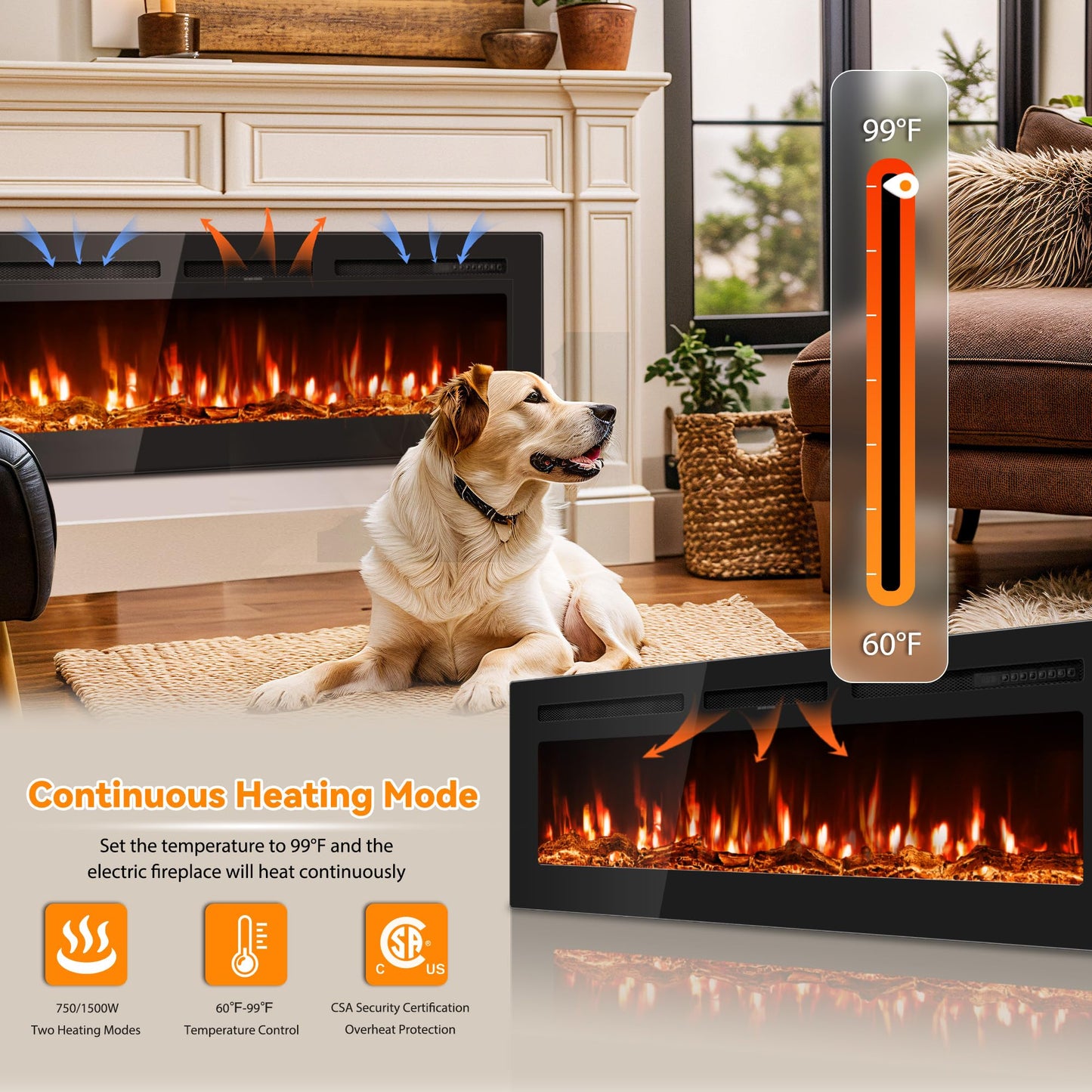 50 inch Electric Fireplace in-Wall Recessed and Wall Mounted with Remote Control, 1500/750W Fireplace Heater (60-99°F Thermostat) with 12 Adjustable Color, Timer, Log and Crystal