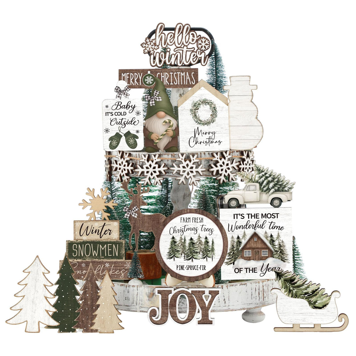 Vercraft Holiday Tiered Tray Decor Christmas Tiered Tray Decorations Set Truck Wooden Signs Farmhouse Table Decorations for Home Table Shelf Vercraft