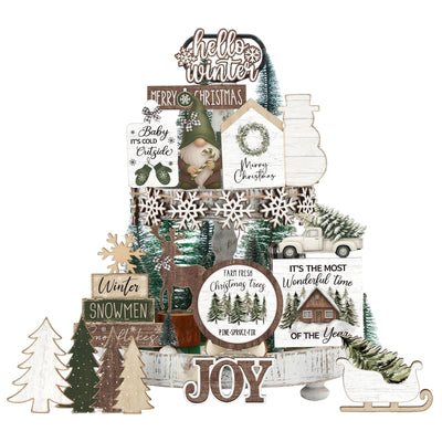 Vercraft Holiday Tiered Tray Decor Christmas Tiered Tray Decorations Set Truck Wooden Signs Farmhouse Table Decorations for Home Table Shelf