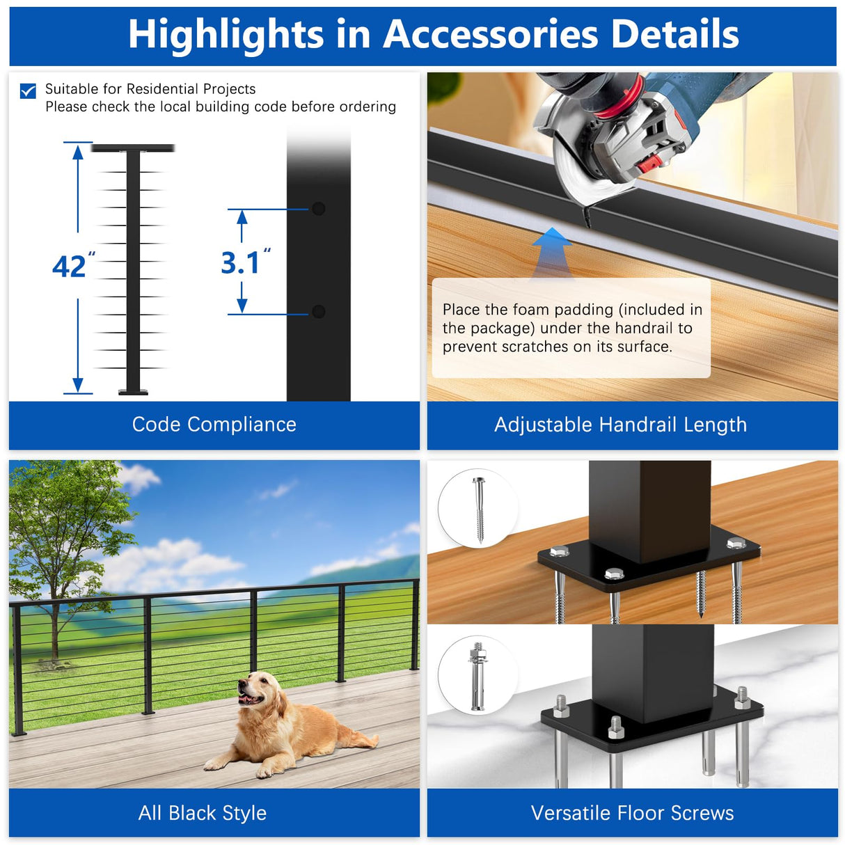Zylorix 16ft-20ft Complete Set Cable Railing System, 42" Black T304 Stainless Steel Cable Railing Posts Kit with Adjustable Handrail Cable Rail, One-Stop Super Easy DIY for Outdoor Level Decks Zylorix