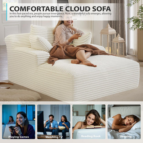 67 Inch Chaise Lounge Chair Indoor, Oversized Corduroy Upholstered Boneless Sofa Bed, Deep Seat Sleeper Couch Reading Chairs, Cloud Sofas Couches for Living Room, No Assembly Required (Beige) HANXIN