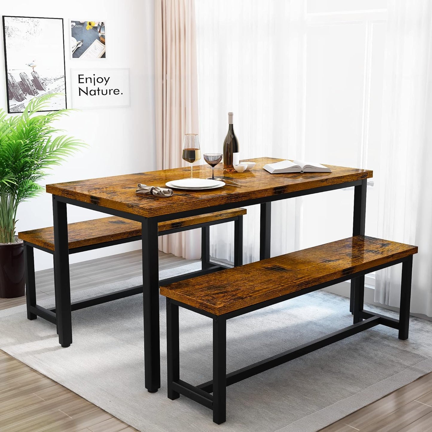 Recaceik Dining Table Set for 4, Kitchen Table Set with 2 Benches, 3 Piece Dining Room Table Set, Modern Wood Kitchen Table and Chairs for Small Spaces, Kitchen,Dining Room, Restaurant, Rustic Brown