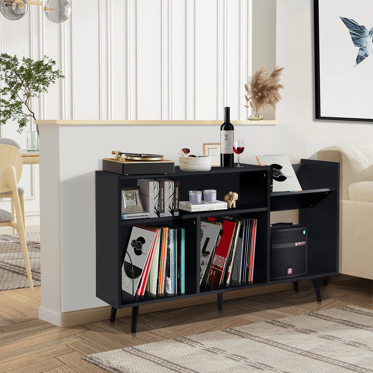 QHITTY Record Player Stand, Mid-Century Modern Vinyl Record Storage Cabinet Table with Wood Legs, Turntable Stand Record Holder Holds Up to 300 Albums for Living Room, Bedroom (Black) QHITTY