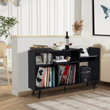 QHITTY Record Player Stand, Mid-Century Modern Vinyl Record Storage Cabinet Table with Wood Legs, Turntable Stand Record Holder Holds Up to 300 Albums for Living Room, Bedroom (Black) QHITTY