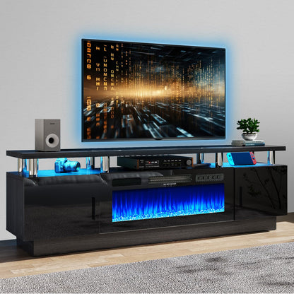 oneinmil 70" Modern Electric Fireplace TV Stand for TVs Up to 80 inch, with Electronic Flame and LED Lights, Luxury High Gloss Finish Entertainment Center, TV Console Cabinet for Living Room, Black