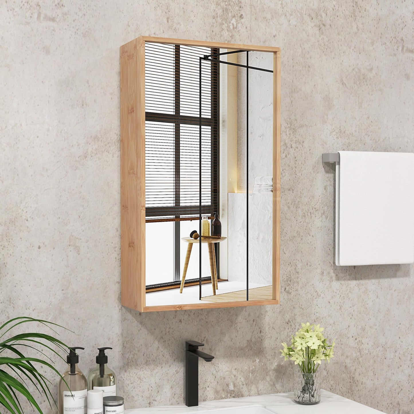 Giantex Medicine Cabinet Mirror, Bathroom Wall Cabinet with Reversible Single Door, 2 Adjustable Shelves, Bathroom Vanity Mirror, Bamboo Storage Cabinet for Bathroom, Living Room, Entryway, N - WoodArtSupply