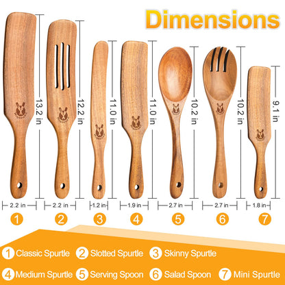 Spurtles Kitchen Tools Wooden, 7Pcs Wooden Spurtle Spatula Set, Natural Premium Acacia Wooden Spoons for Cooking, Heat Resistant Cooking Utensil for Nonstick Cookware, Spurtle for Sourdough Starter