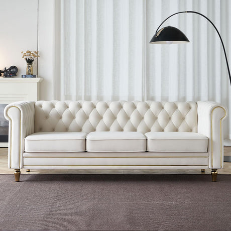 KEIKI 85" Chesterfield Velvet Tufted Button Sofa with Deep Seat Cushions and Rolled Arms, Modern Style 3-Seater Couch Decorated with Gold Strip, Easy Assembly, for Living Room, Bedroom, Office, Beige KEIKI