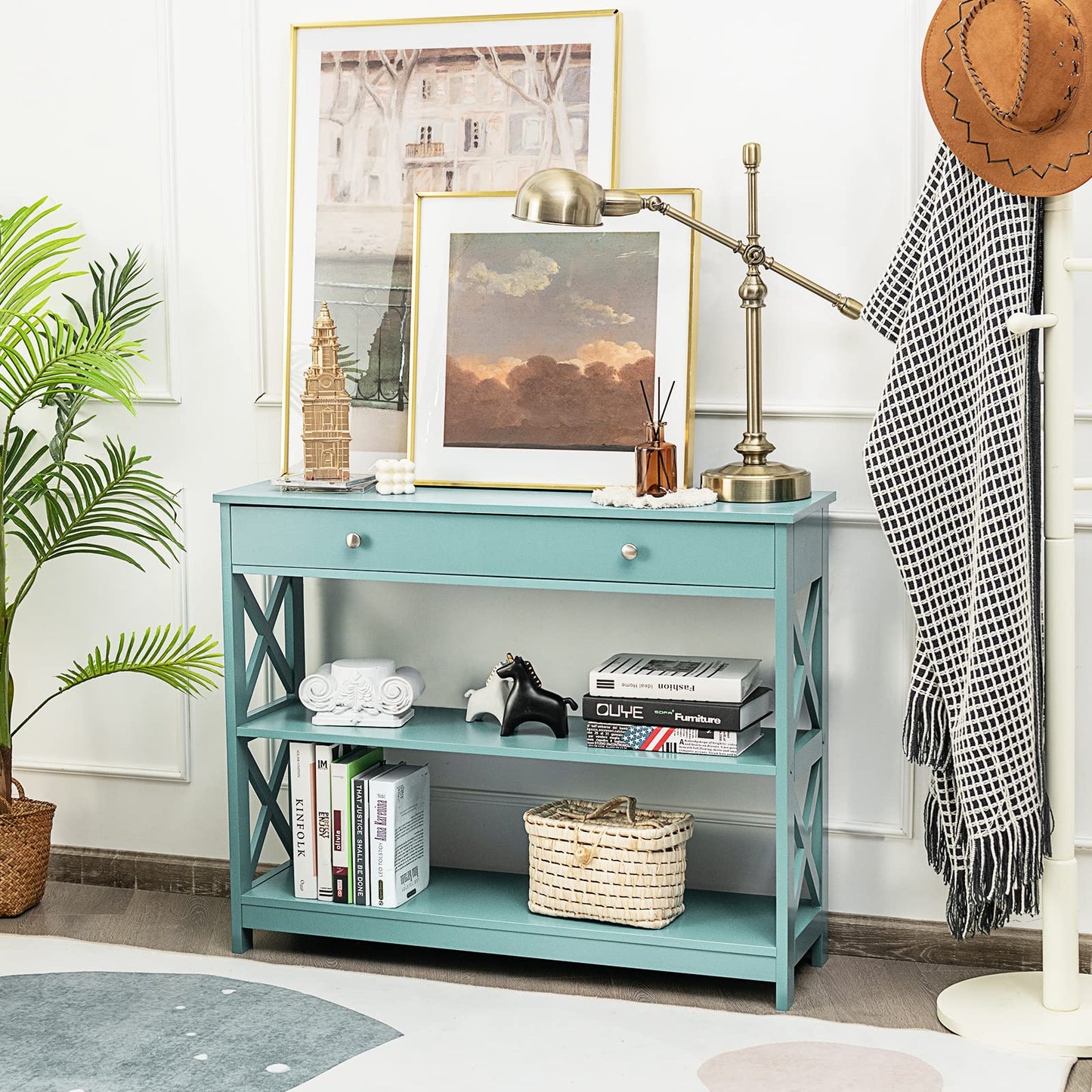 Giantex Console Table 3-Tier W/Drawer and Storage Shelves, X-Design Entryway Table for Hallway, Living Room and Bedroom Sofa Side Table (Blue)