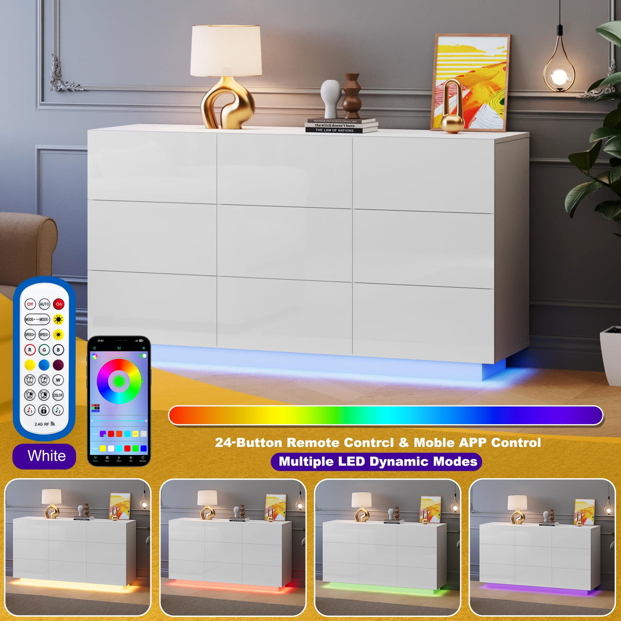 Anbuy LED 9 Drawer Dresser, White Modern Dressers with High Gloss Drawers Dual Chest of Drawers Dresser with Lights for Bedroom (White) Anbuy