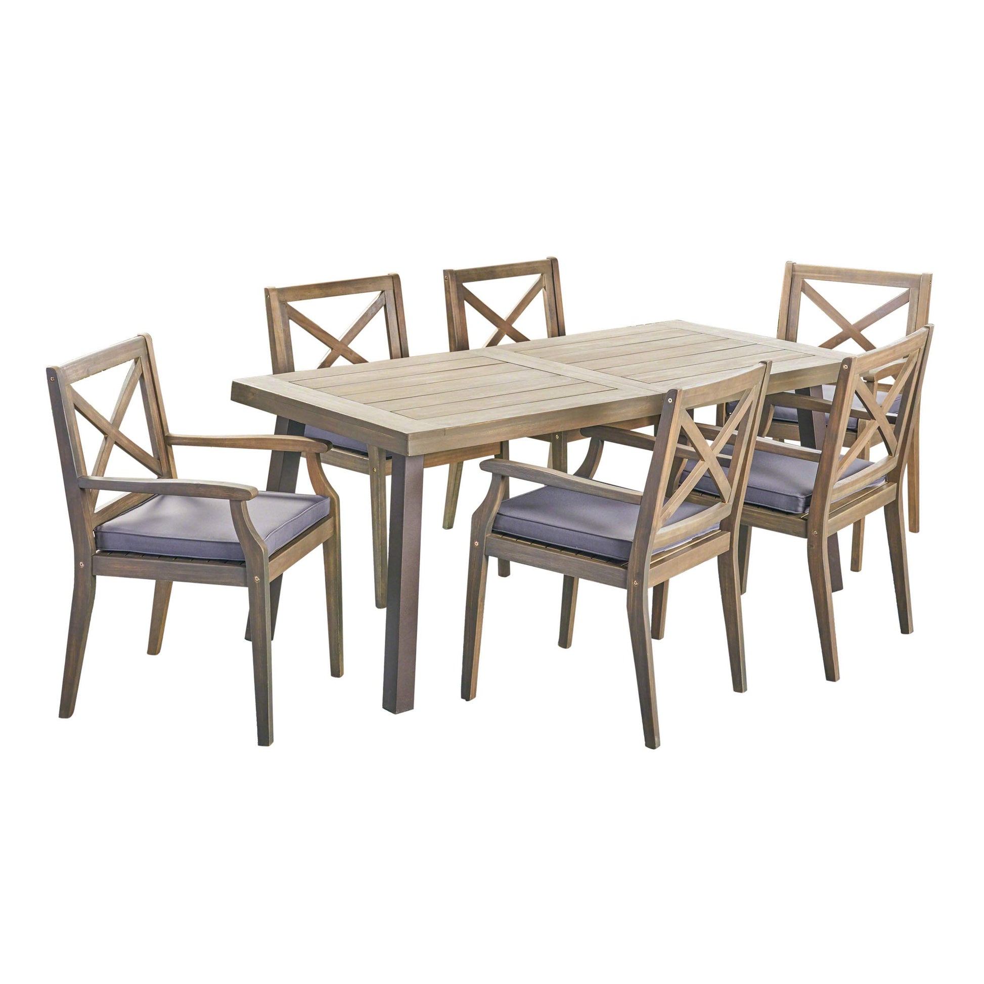 Christopher Knight Home Justin Outdoor 7 Piece Acacia Wood Dining Set, Teak, Gray Finish/Rustic Metal/Dark Gray - WoodArtSupply