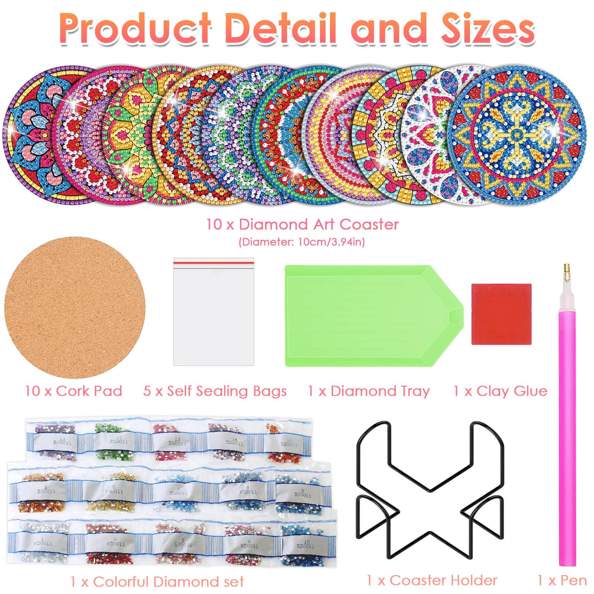 Billbotk Diamond Painting Coasters Kits, 10 Pieces Mandala Diamond Art Coasters with Holder, Arts and Crafts for Adults Billbotk