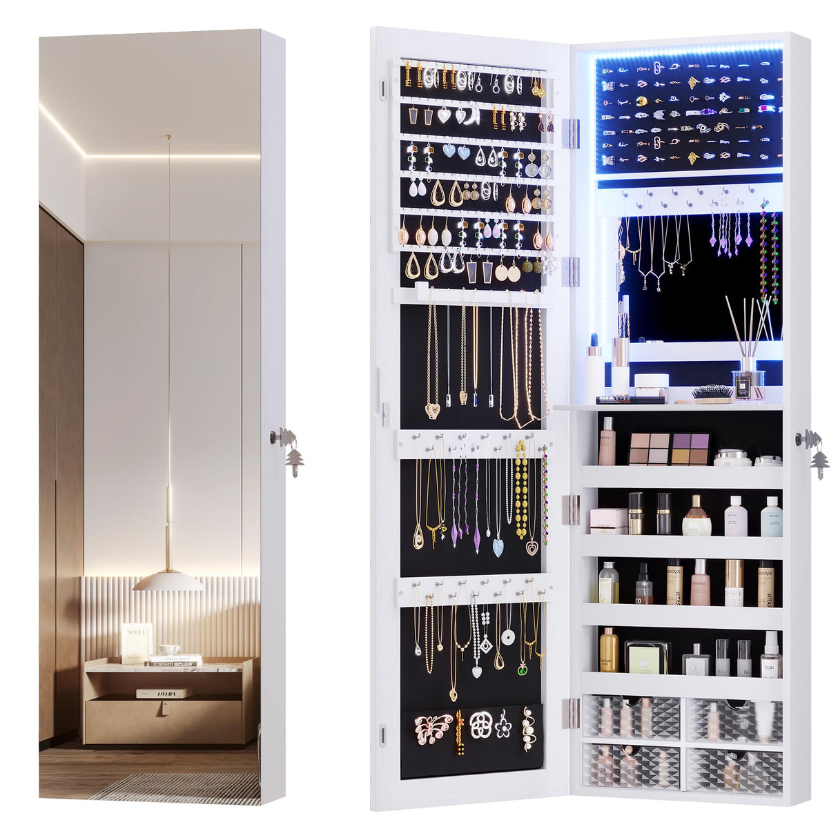 Vlsrka 47.2" LED Jewelry Mirror Cabinet, Wall/Door Mounted Jewelry Armoire Organizer with Full-Length Mirror, Large Capacity Storage Hanging Cabinet, 4 Drawers, 5 Shelves, Built-in Lighted Mirror Vlsrka