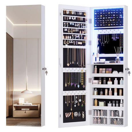 Vlsrka 47.2" LED Jewelry Mirror Cabinet, Wall/Door Mounted Jewelry Armoire Organizer with Full-Length Mirror, Large Capacity Storage Hanging Cabinet, 4 Drawers, 5 Shelves, Built-in Lighted Mirror Vlsrka