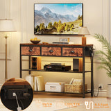 Furologee Console Table with Charging Station & 3 Fabric Drawers, 38'' Entryway Table with Storage Shelves and LED Light, Industrial Foyer Table for Entry Way, Display Shelf for Hallway, Rustic Brown Furologee