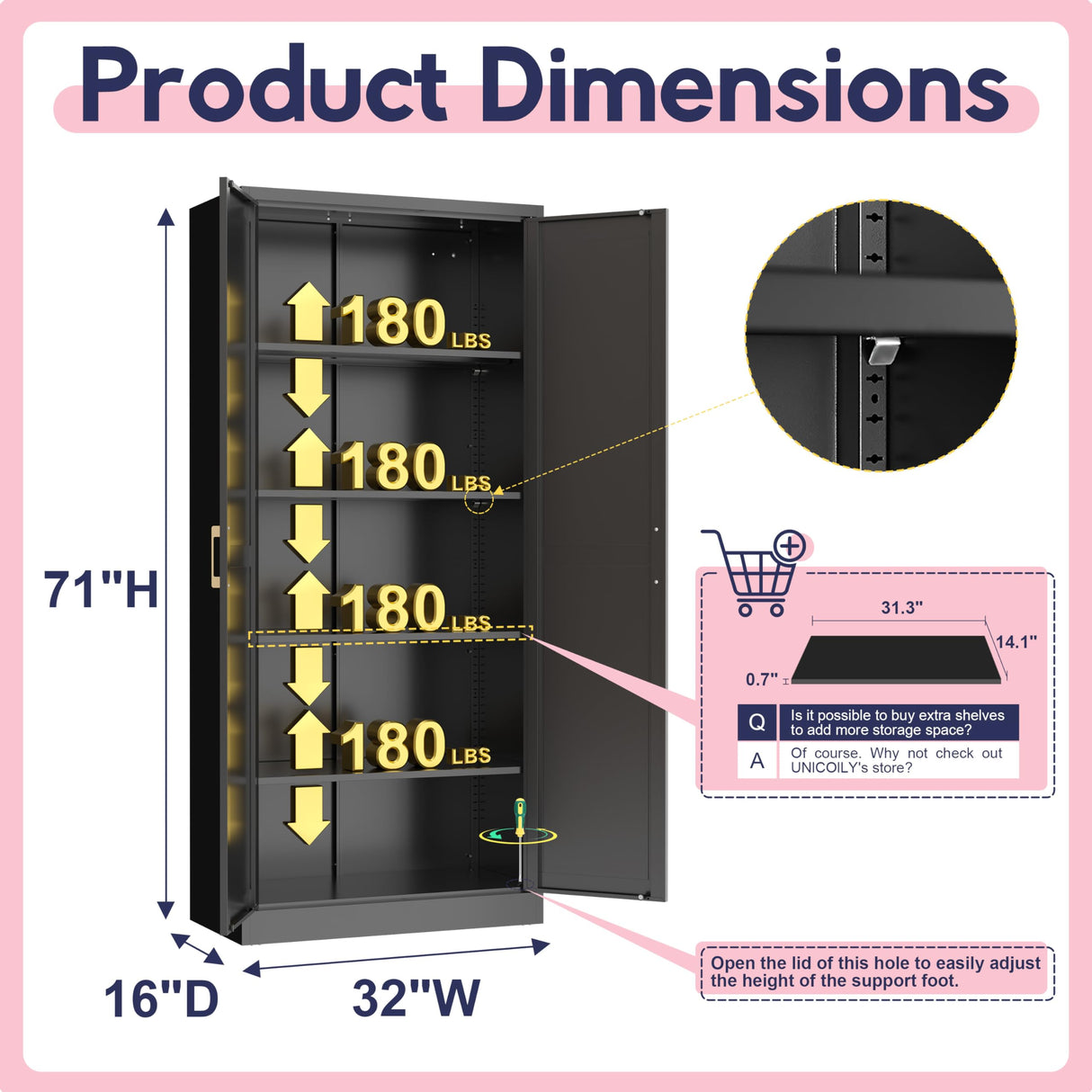 UNICOLY 71" Storage Cabinet, Metal Pantry Cabinet, Kitchen Pantry Storage Cabinets with Doors and 4 Shelves for Laundry Room, Living Room, Dinning Room, Assembly Required, Black UNICOLY