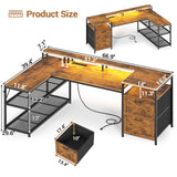 SEDETA 67" L Shaped Desk with Drawers, Computer Office Desk with Storage Shelves & Power Outlet, Reversible Gaming Desk with LED Lights for Home Office, Rustic Brown SEDETA