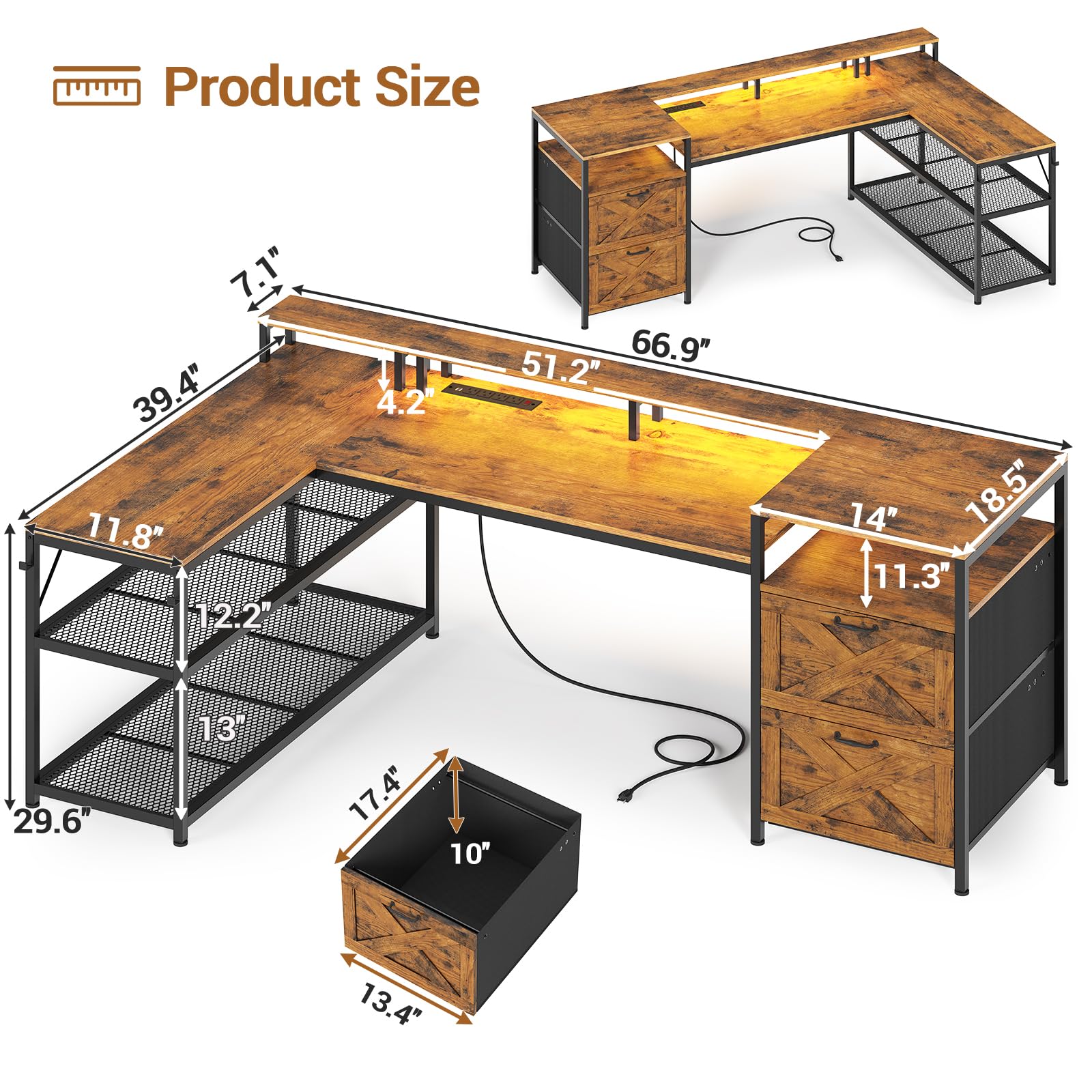 SEDETA 67" L Shaped Desk with Drawers, Computer Office Desk with Storage Shelves & Power Outlet, Reversible Gaming Desk with LED Lights for Home Office, Rustic Brown - WoodArtSupply