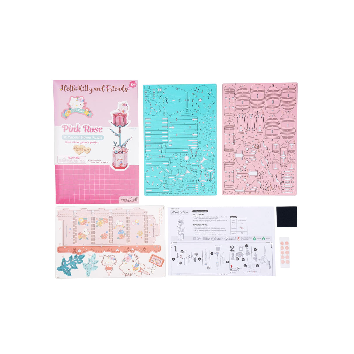 Hands Craft Hello Kitty and Friends Pink Rose 3D Wooden Puzzle Kit | DIY Flower Model | Arts & Crafts for Adults & Kids | Creative Hobby Kits | Hello Kitty Collectible | Wood Building Set Hands Craft