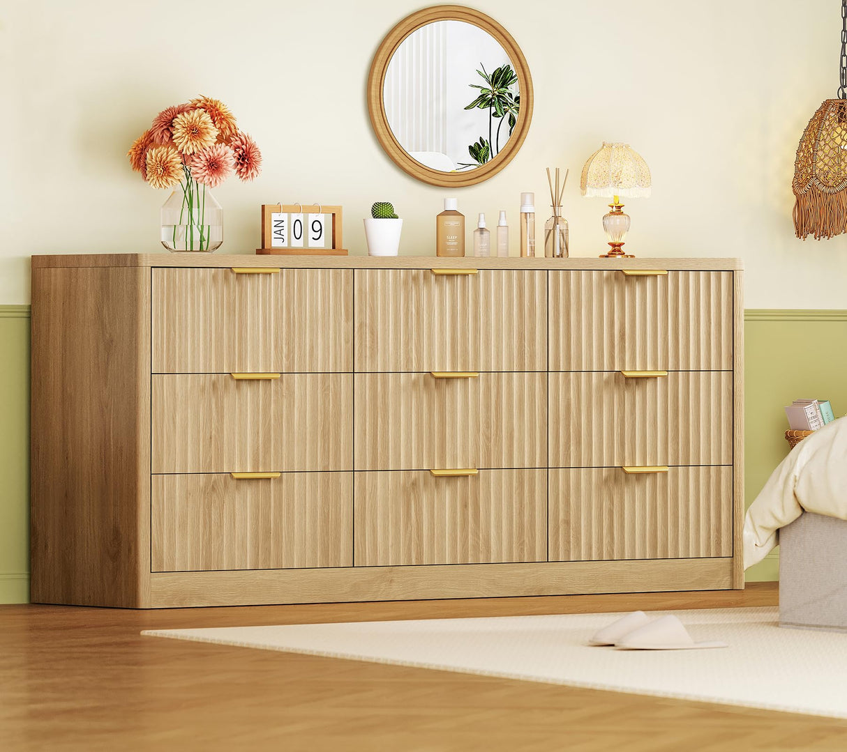 TEENFON Fluted Dresser for Bedroom with 9 Drawers, 63" Wide Modern Chest of Drawers with Metal Handle & Curved Profile Design, Wood Closet Clothes Storage Organizer for Living Room, Hallway, Natural TEENFON
