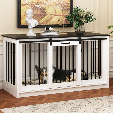 PIAOMTIEE 55 Inch Furniture Style Dog Crate for Large Medium Breed Dogs, Indoor Heavy Duty Dog Kennel House with Sliding Doors, Rustic Dog Crate Furniture Side End Table TV Stand, White PIAOMTIEE