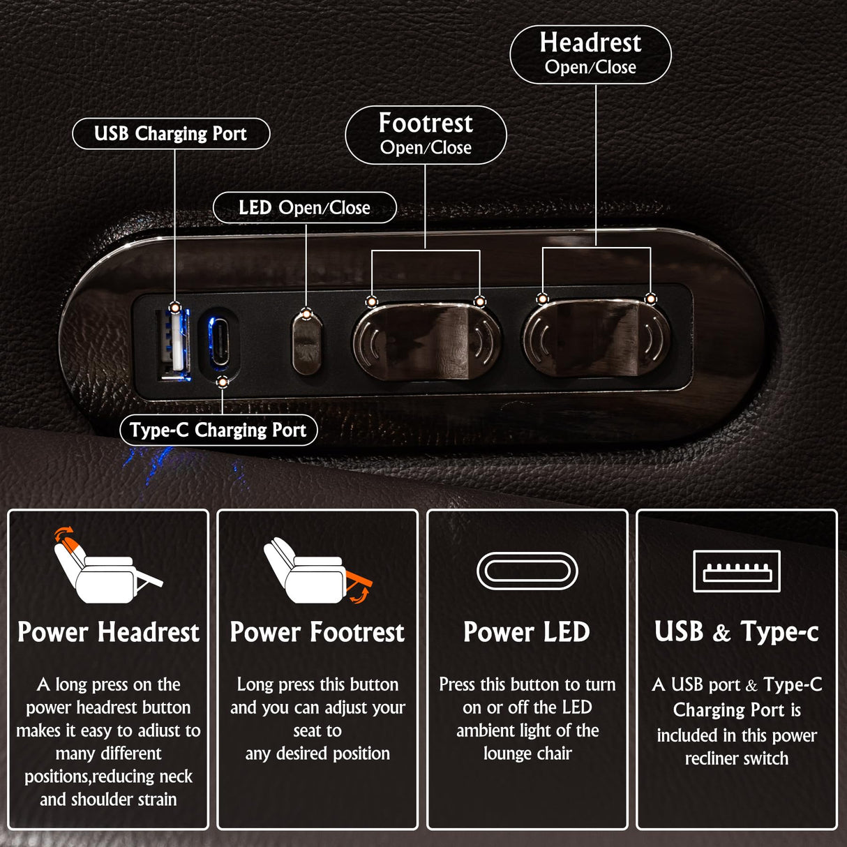 NMXUXMN Home Theater Seating,Top-Grain Leather Recliner Sofa, Zero Gravity Power Reclining Couch with Ambient LED Lights, Cup Holders & USB, Tray Table-Row of 4 Loveseat Left Coffee NMXUXMN