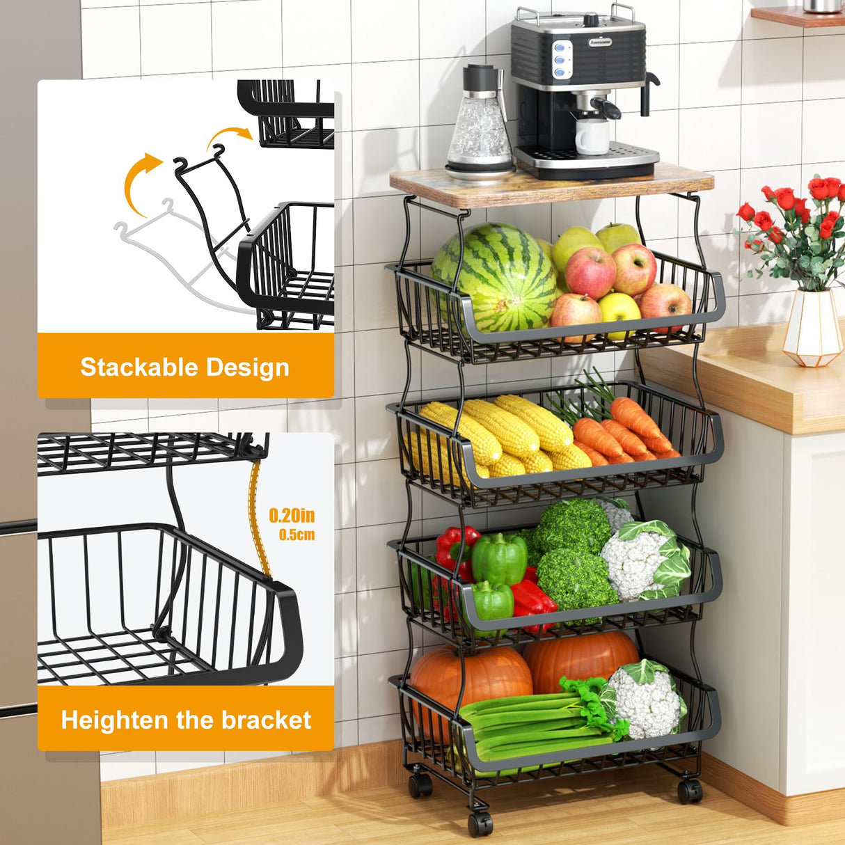 Gsiekare Fruit Vegetable Basket for Kitchen, 5 Tier Stackable Fruit Vegetable Storage Baskets with Wheels, Metal Wire Storage Basket Organizer Baskets for Kitchen, Pantry, Bathroom Gsiekare