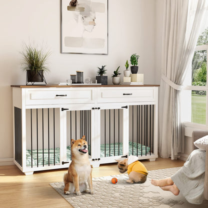 PIAOMTIEE Dog Crate Furniture, 72.4 Inch Wooden Dog Kennel, Modern Decorative Dog Crate End Table, Dog House with Double Doors, Drawers, Divider, Indoor Dog Cage for Large Medium Dogs, White - WoodArtSupply