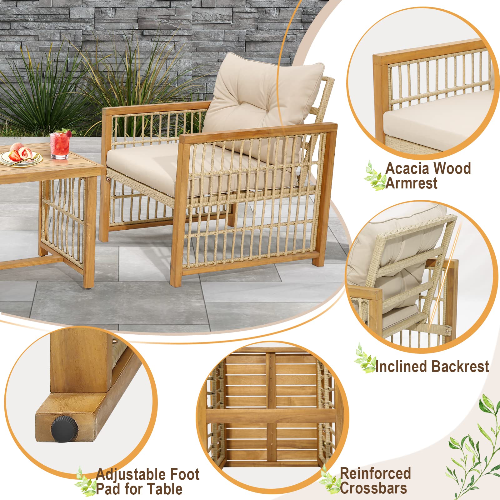 Tangkula 3 Pieces Acacia Wood Patio Furniture Set, PE Wicker Bistro Set with Cushioned Chairs and Coffee Table, Outdoor Conversation Set for Porch, Deck, Balcony, Backyard (Beige) - WoodArtSupply