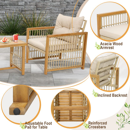 Tangkula 3 Pieces Acacia Wood Patio Furniture Set, PE Wicker Bistro Set with Cushioned Chairs and Coffee Table, Outdoor Conversation Set for Porch, Deck, Balcony, Backyard (Beige) - WoodArtSupply