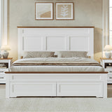 RALGEND Farmhouse Queen Size Bed Frame with 51.2" Tall Headboard & Footboard, Wooden Platform Bed Frame with Large Storage Drawers, No Squeak, No Box Spring Needed, White and Walnut RALGEND