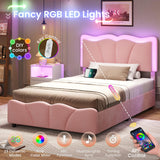 MSmask Twin Bed Frames with 4 Storage Drawers and LED Lights, Velvet Upholstered Platform Bed Frame with Height Adjustable Headboard, LED Bed Frame with Type C & USB, No Box Spring Needed, Pink MSmask