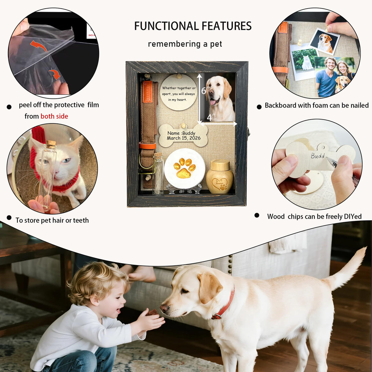 8x10 Pet Memorial Shadow Box Frame Paw Print Kit Solid Wood Pet Frame Black Dog Memorial Gifts for Loss of Dog Houstimi