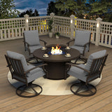 Kurapika 5 Piece Metal Outdoor Patio Furniture Set with Round Fire Pit Table, Patio Conversation Sets 4 Swivel Chairs with Thick Cushion and 40000 BTU Fire Pit Table, Gray Kurapika