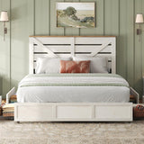 LUXOAK 48.8" H Queen Size Bed Frame with 4 Storage Drawers, Farmhouse Platform Bed with Barn Door Headboard, Rustic Wood Grain, No Box Spring Needed, Rustic White LUXOAK