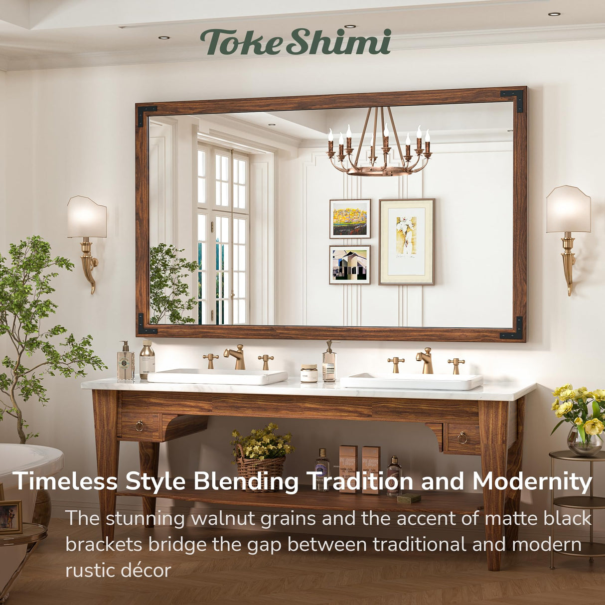 TokeShimi 60x36 Inch Rustic Wooden Framed Bathroom Mirror Over Sink, Pine Wood for Farmhouse Mirror, Water-Proof, French Cleats Installation, HD-Reflection and Shatter-Proof Glass TokeShimi